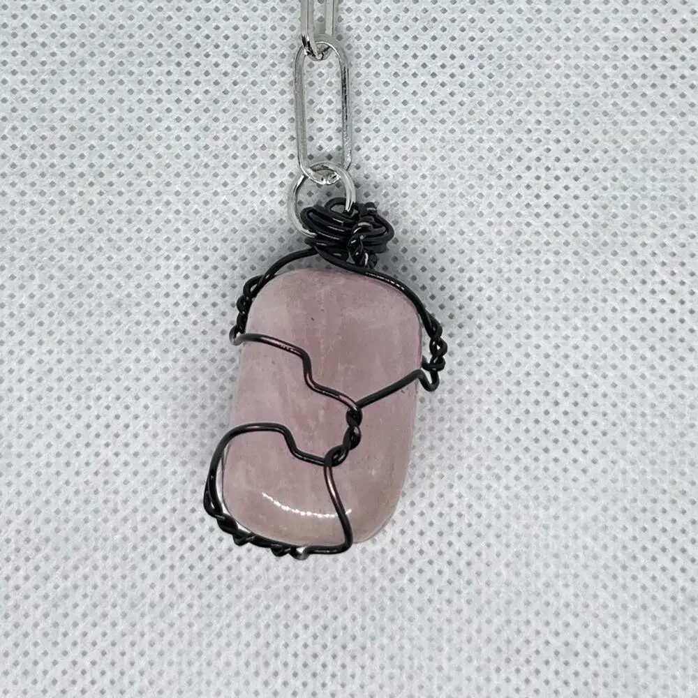 Rose quartz keychain polished stone distressed wire wrap handmade